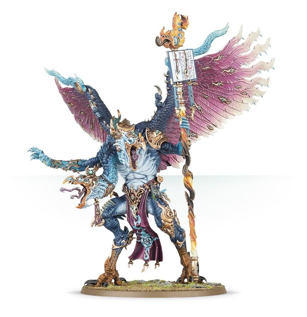 Painted Kairos Fateweaver, two-headed winged daemon with staff, Disciples of Tzeentch