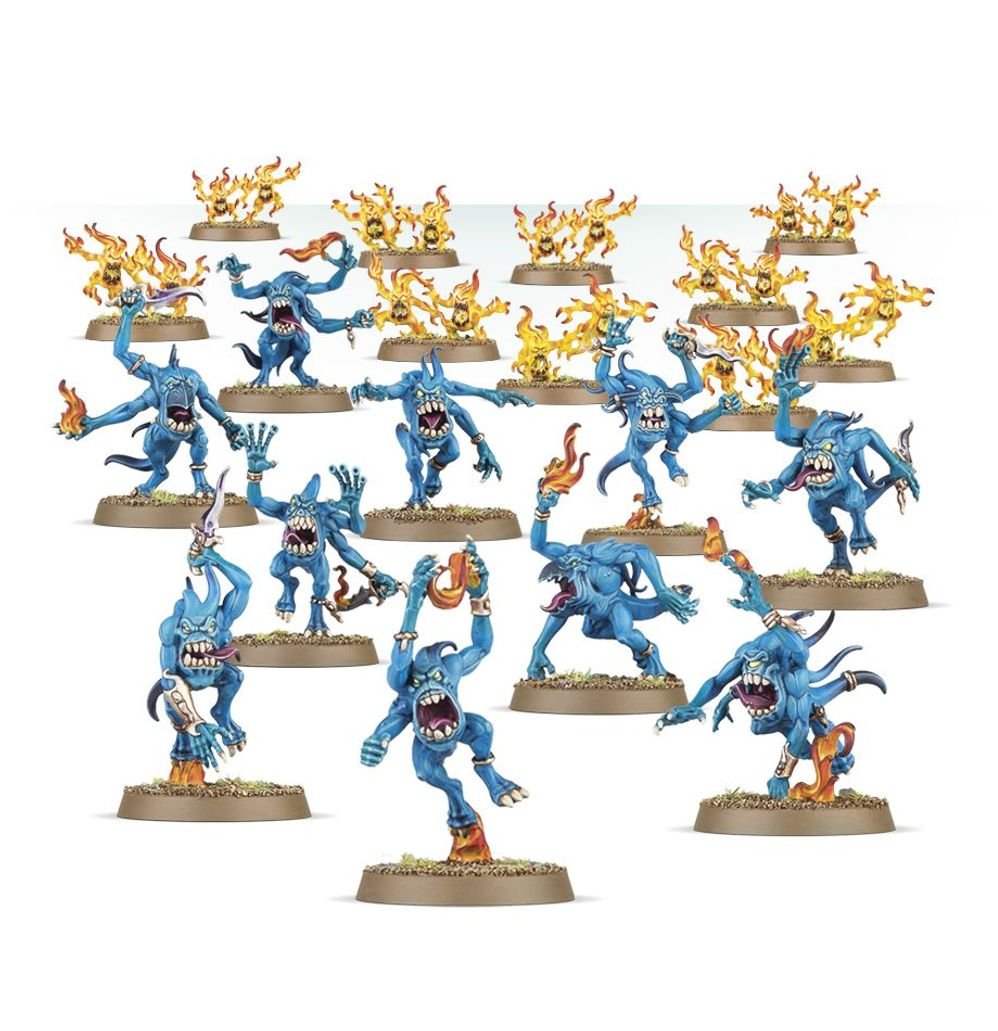 Painted Blue Horrors with Brimstone Horrors behind, Warpflame Cavalcade by Games Workshop