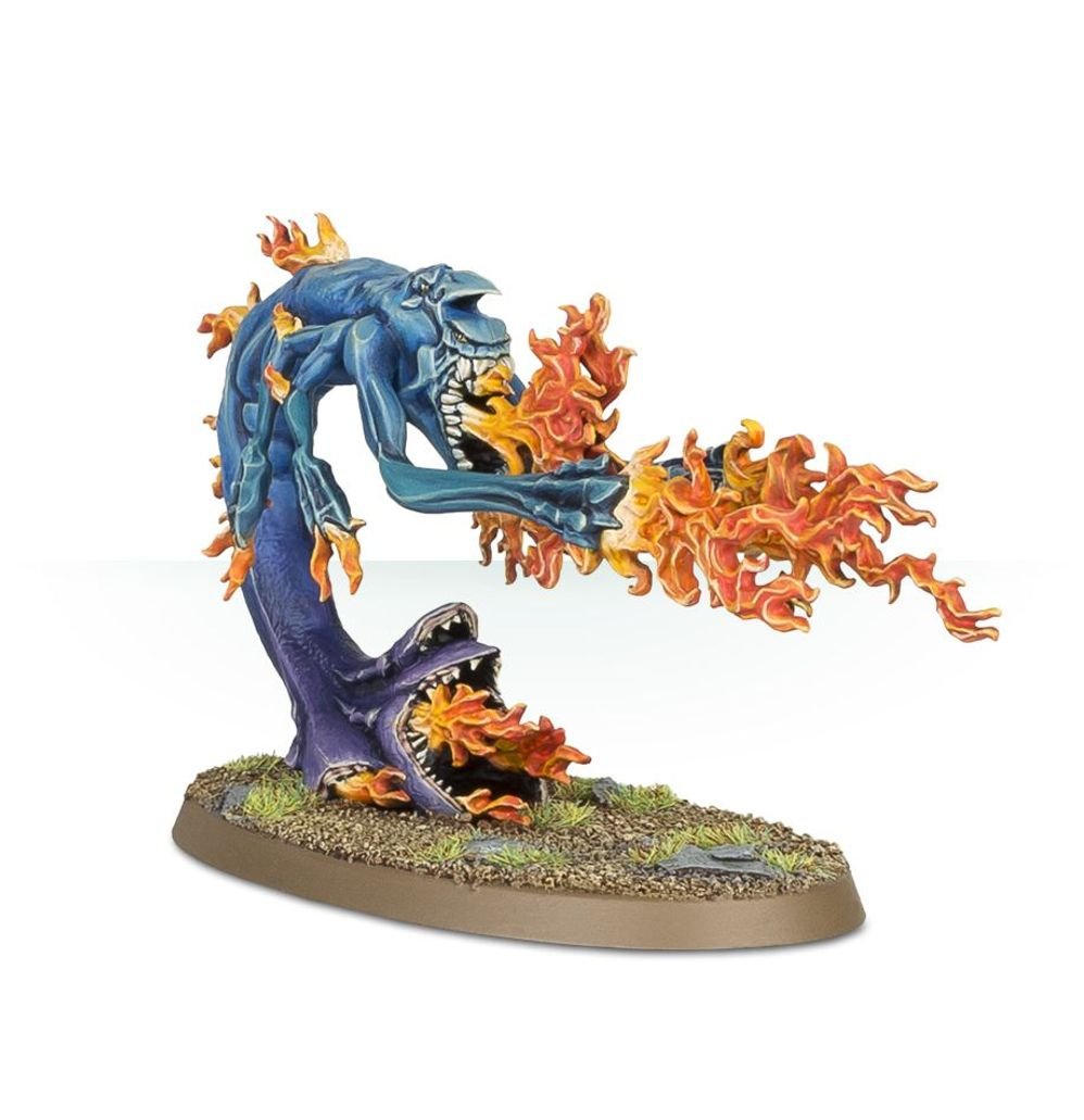 Painted Exalted Flamer spewing orange warpfire, Disciples of Tzeentch