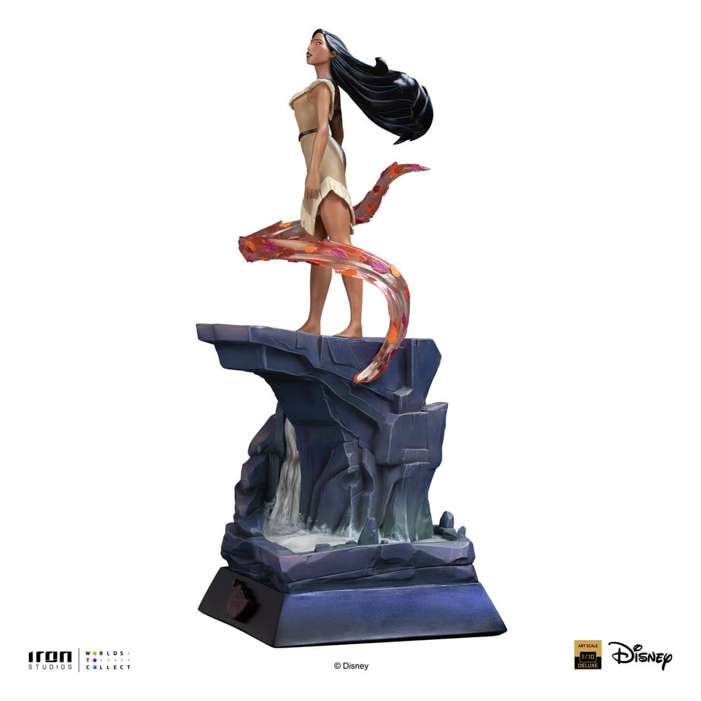 Pocahontas 1/10 statue side view with swirling leaves and flowing black hair