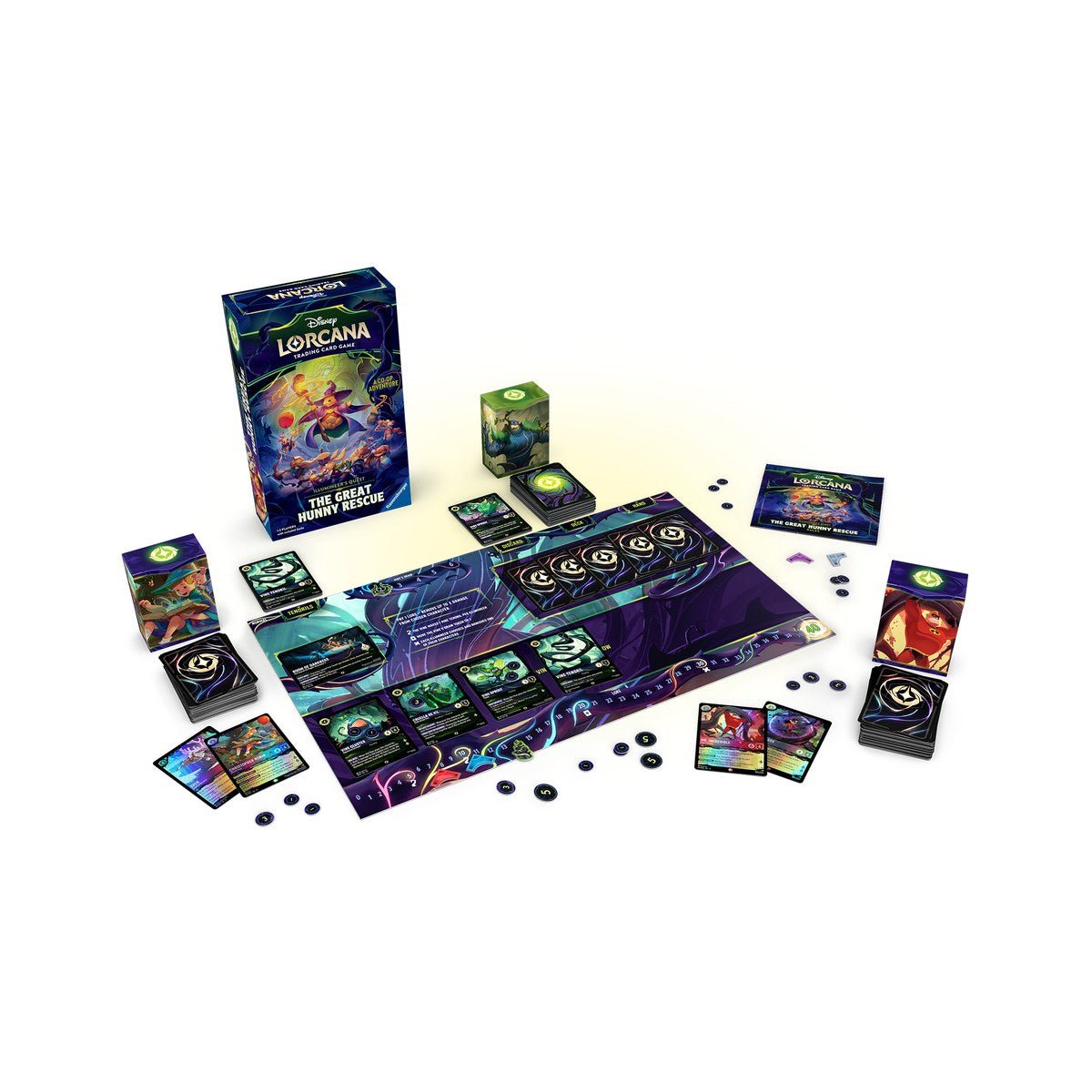 Contents of Disney Lorcana The Great Hunny Rescue – game board, two player decks, Vine scenario deck, tokens and cards