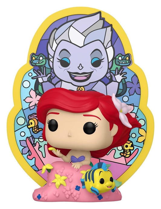Funko Pop! Deluxe Ariel with Flounder before an Ursula stained-glass style frame