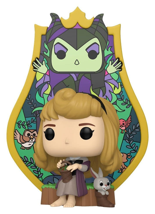 Funko Pop! Deluxe Aurora with owl and rabbit before a Maleficent stained-glass frame