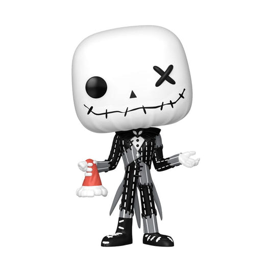 Funko Pop! Disney Jack Skellington vinyl figure in black and white holding a Santa hat