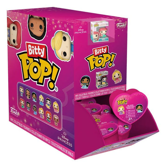 Funko Disney Princess Bitty Pop! Hearts counter display box with pink heart-shaped packs