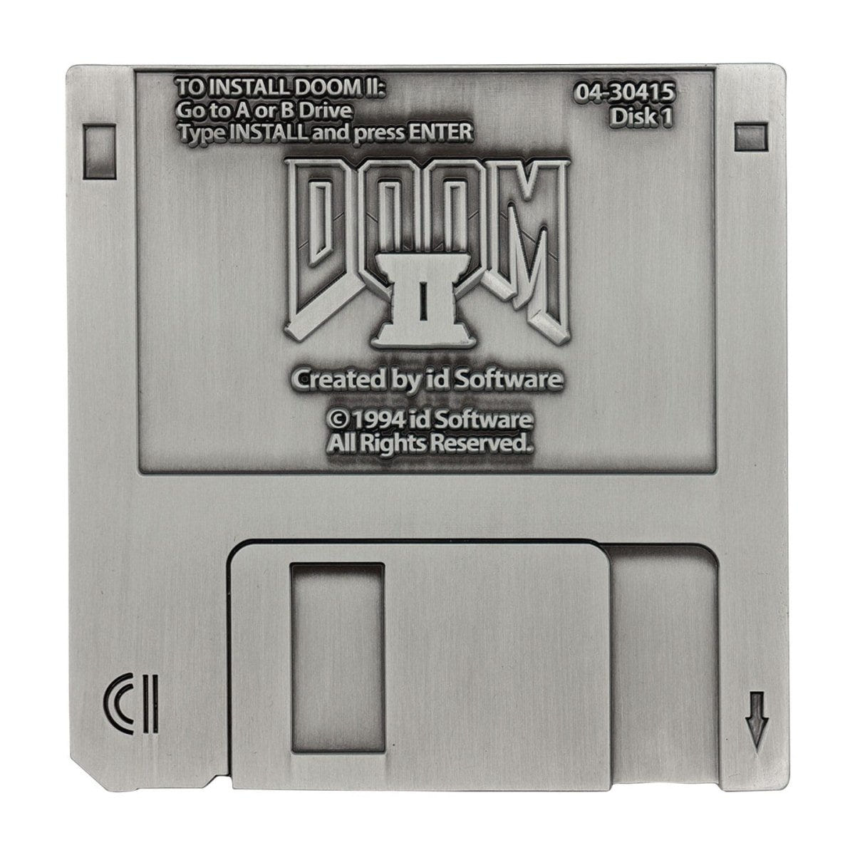 Fanattik Doom II replica floppy disk in antique silver metal, front with embossed logo