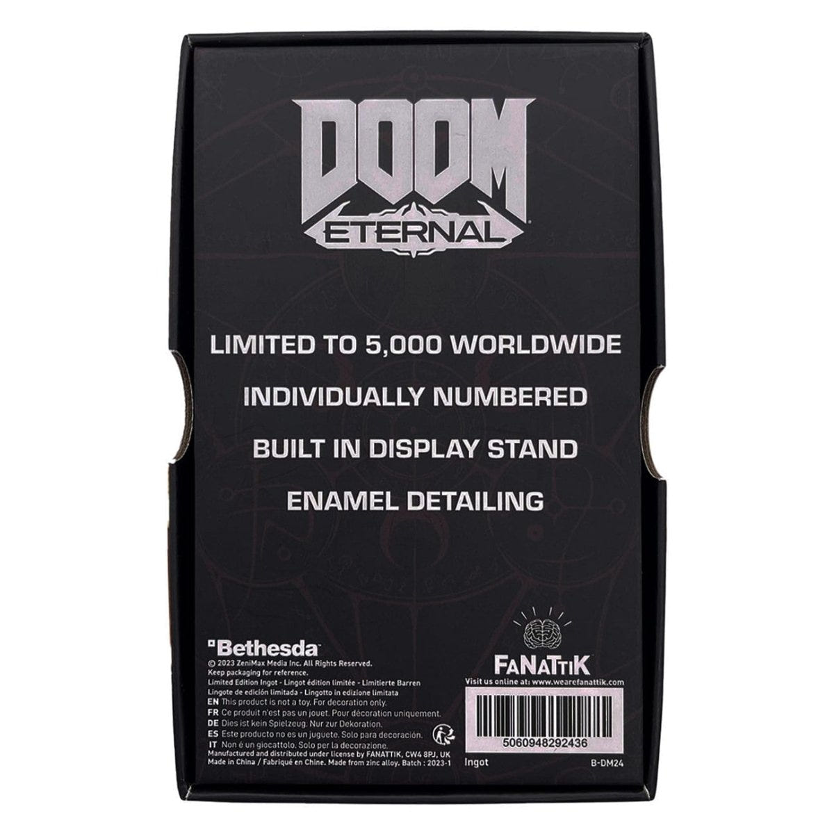 Back of the Doom Eternal Crucible ingot box listing numbered edition and display stand