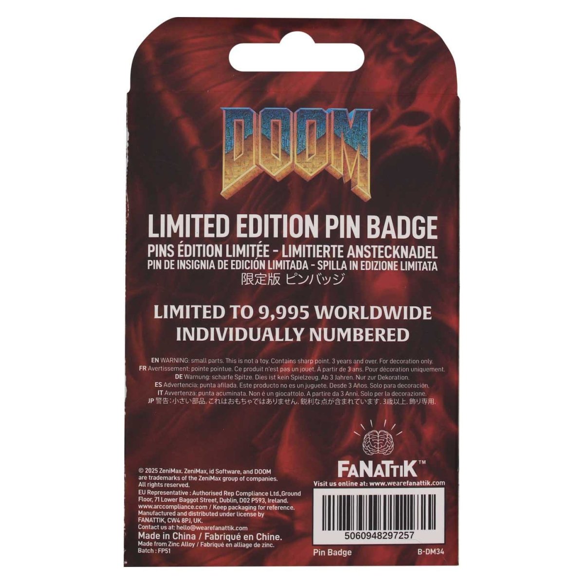 Back of the Doom pin badge packaging, limited to 9,995 worldwide, by Fanattik
