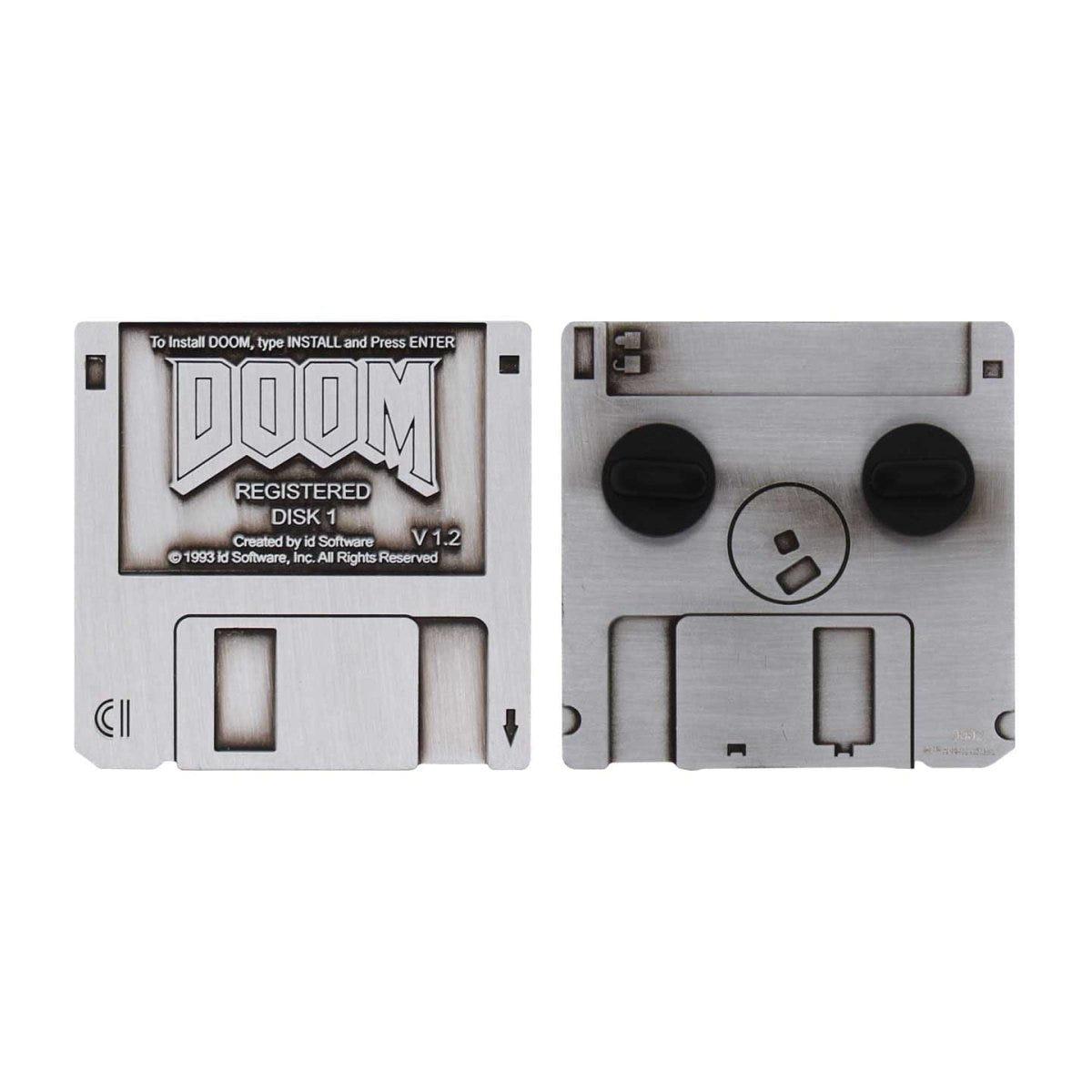 Doom floppy disk pin badge shown front and back side by side