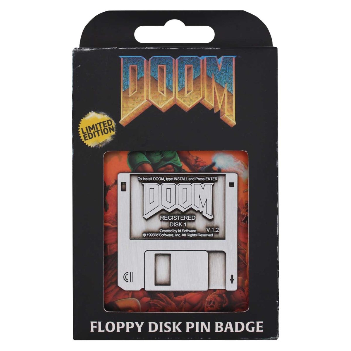 Doom Floppy Disk limited edition pin badge in its retail packaging