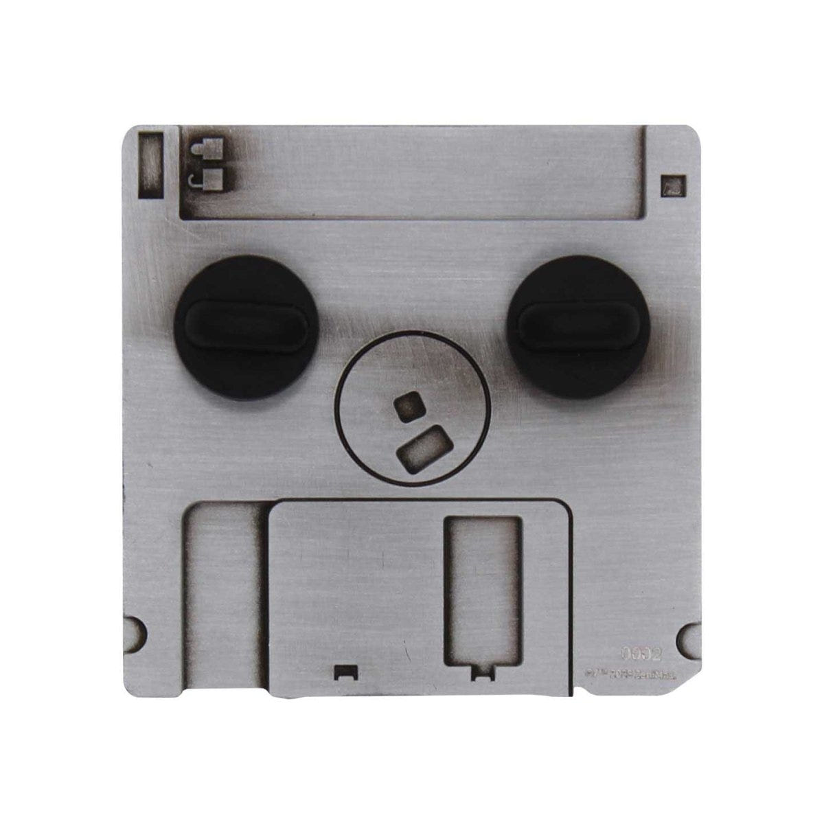 Reverse of the Doom floppy disk pin badge showing the two pin backs