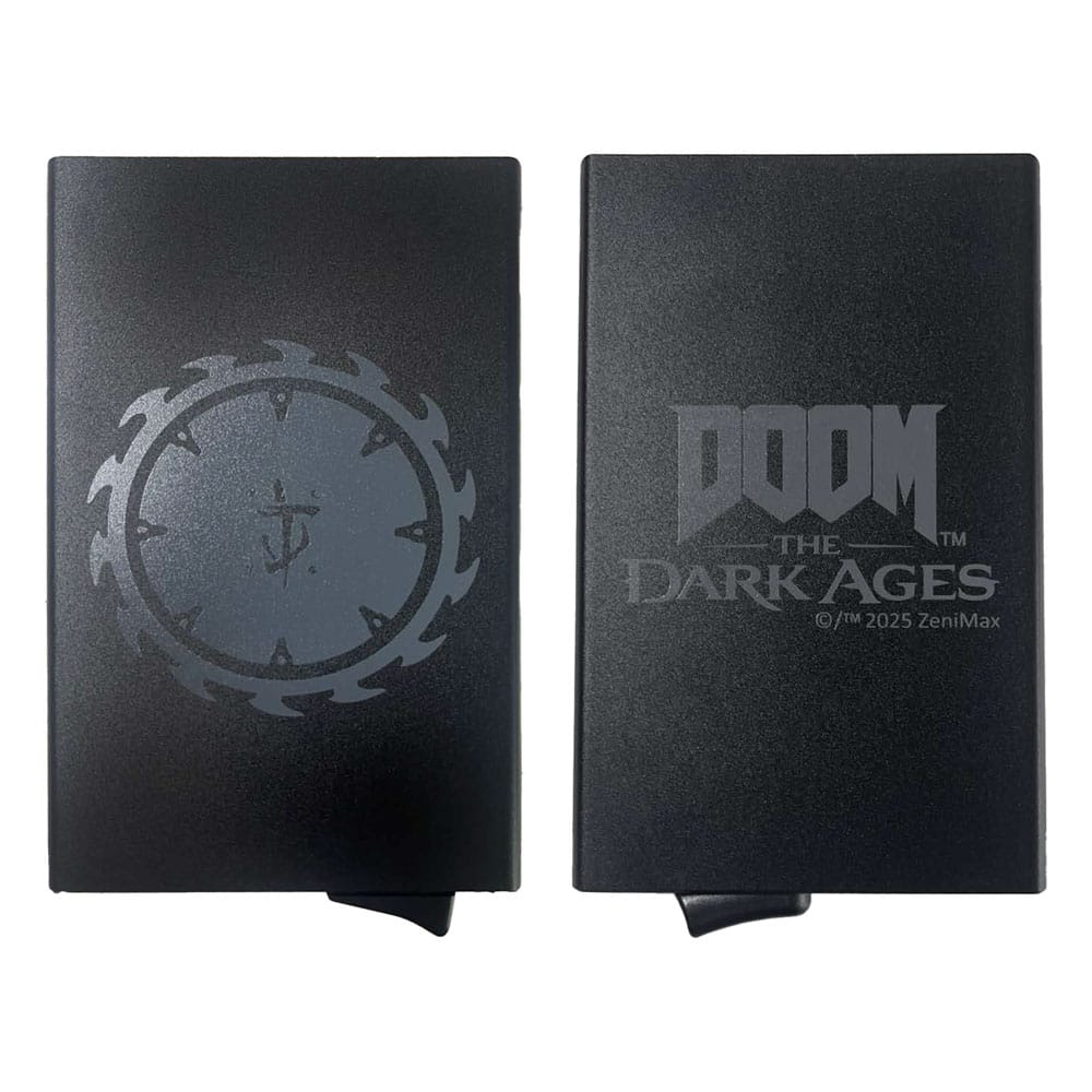 DOOM: The Dark Ages black card holder shield, front with Slayer emblem and back with game logo