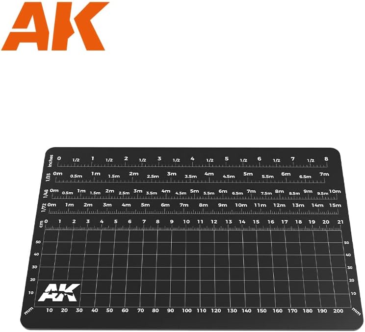 Reverse of the AK Interactive A5 cutting mat, printed with ruler grids and scale measurements