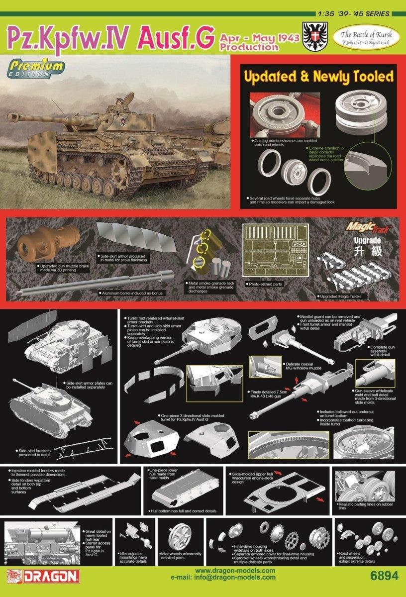 Dragon 1:35 Pz.Kpfw.IV Ausf.G Apr-May 1943 Kursk kit, box back showing parts and new-tool features