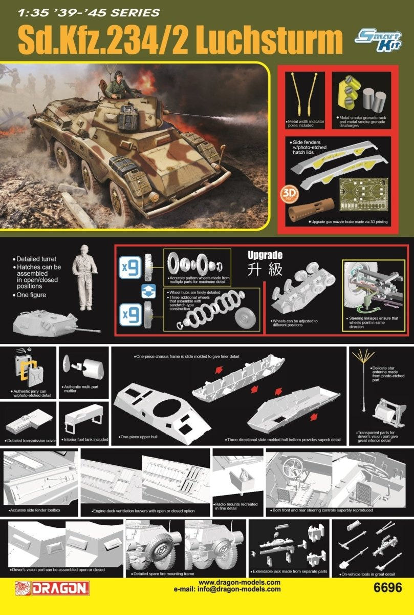 Dragon 1:35 Sd.Kfz.234/2 Luchsturm kit, box back showing parts, figure and upgrades