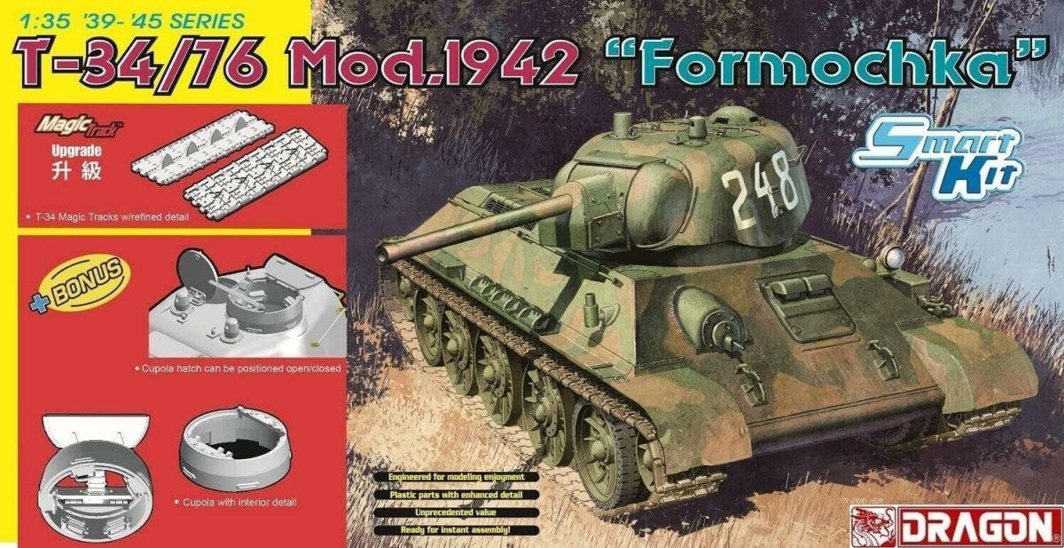 Dragon 1:35 T-34/76 Mod 1942 Formochka kit, box front with title and upgrade parts panel