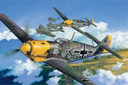 Dragon 1:48 Bf 109E-4 kit, box artwork of fighters in flight