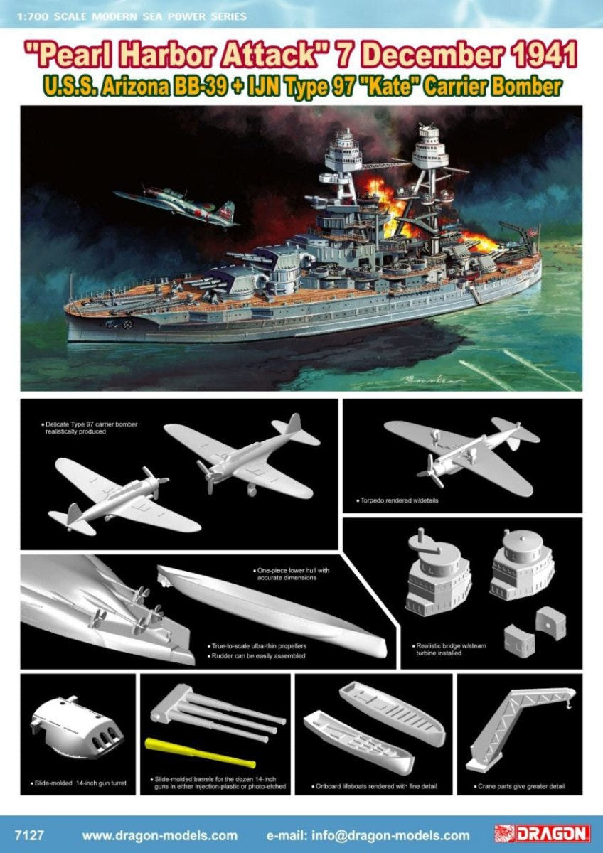 Dragon 1:700 U.S.S. Arizona BB-39 with Type 97 "Kate" Carrier Bomber - D7127