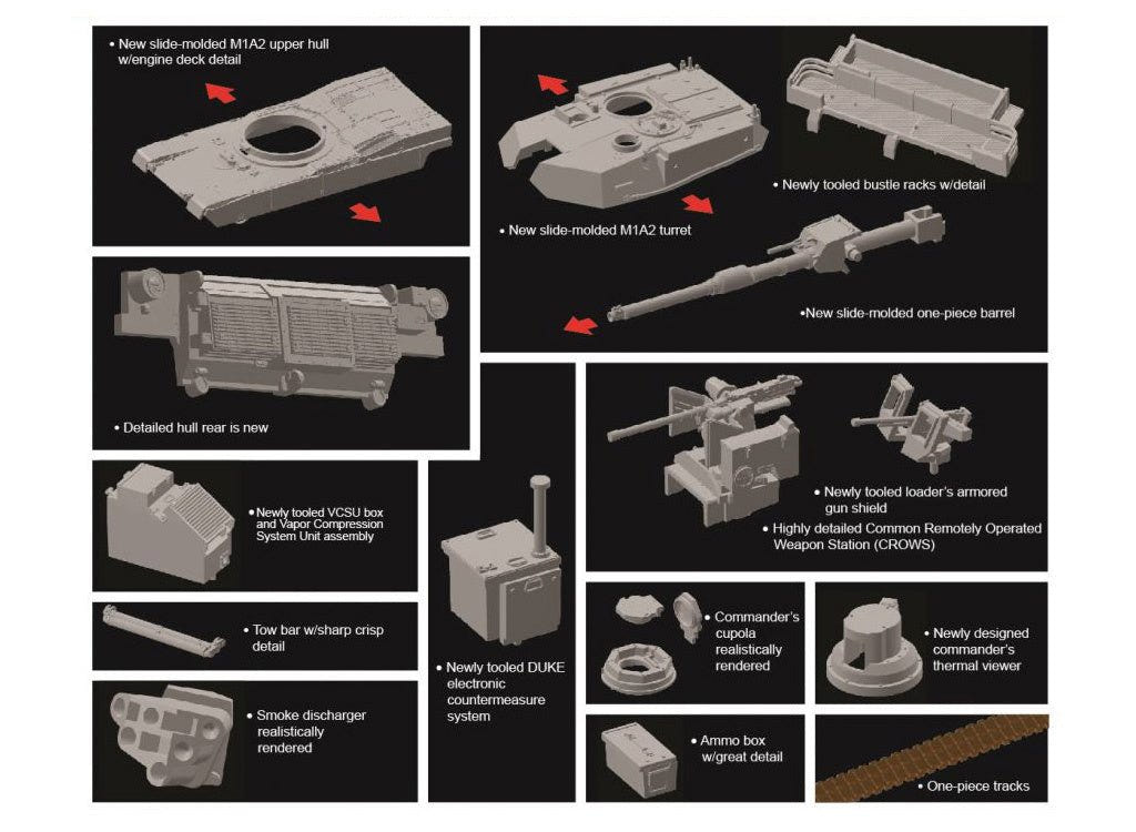 Dragon 1:72 M1A2 SEP V2 Abrams kit, parts graphic showing hull, turret and weapon station