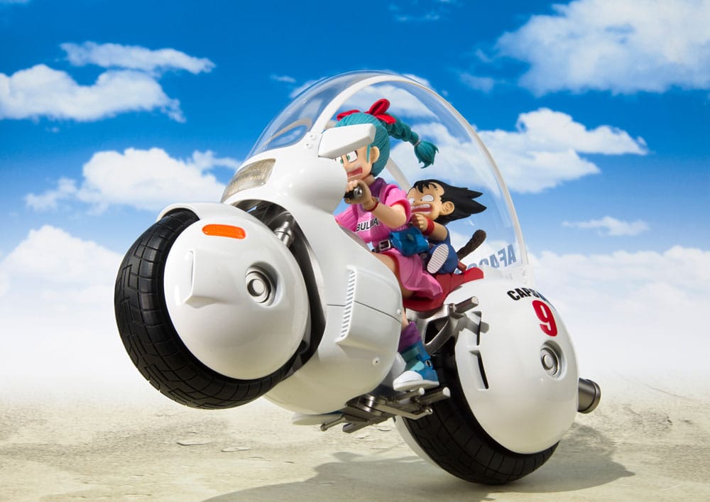 Dragon Ball S.H.Figuarts Bulma's Motorcycle Hoipoi Capsule No. 9, Bulma and Goku riding, wheelie pose