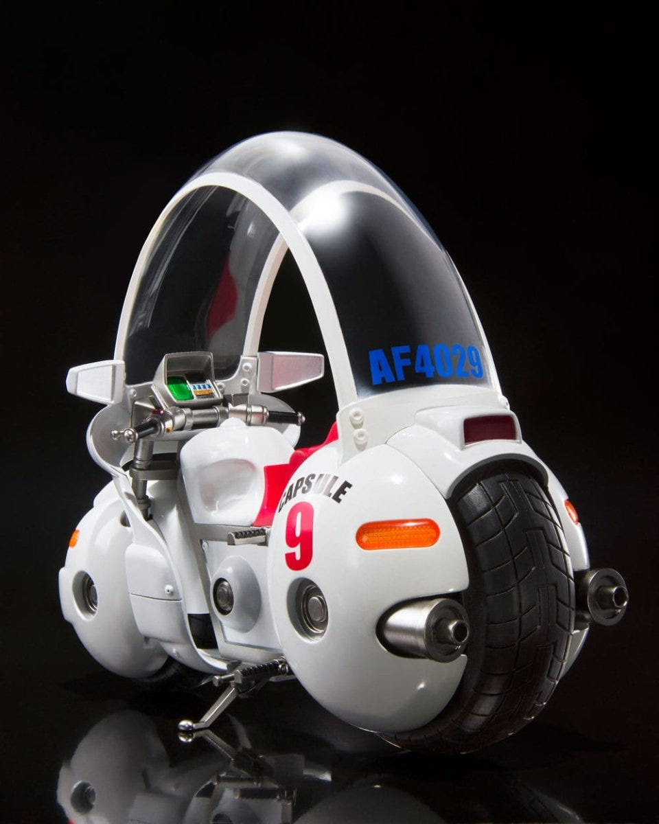 Dragon Ball S.H.Figuarts Bulma's Motorcycle Hoipoi Capsule No. 9, white bike with clear canopy, front three-quarter view