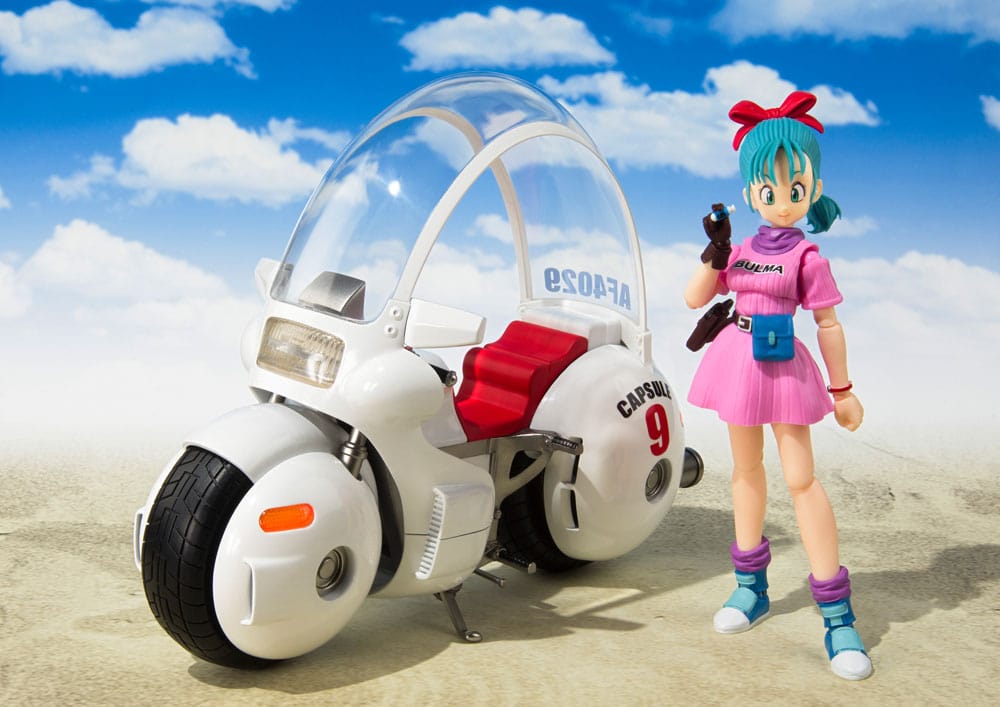 Dragon Ball S.H.Figuarts Bulma's Motorcycle Hoipoi Capsule No. 9, with Bulma figure standing beside the bike