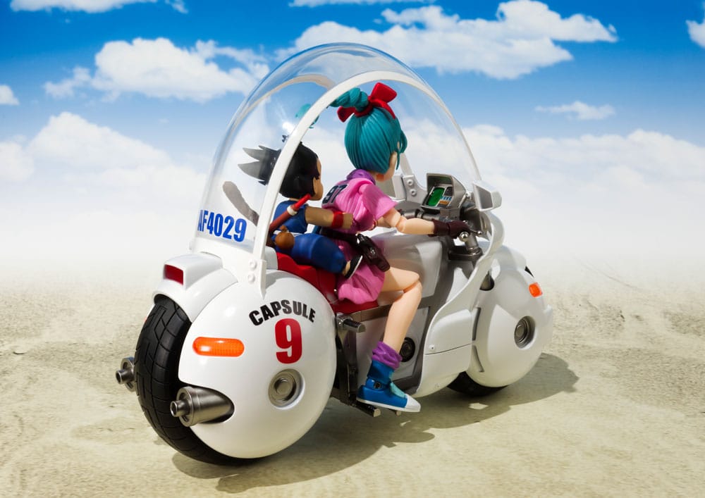 Dragon Ball S.H.Figuarts Bulma's Motorcycle Hoipoi Capsule No. 9, Bulma and Goku riding, rear three-quarter view