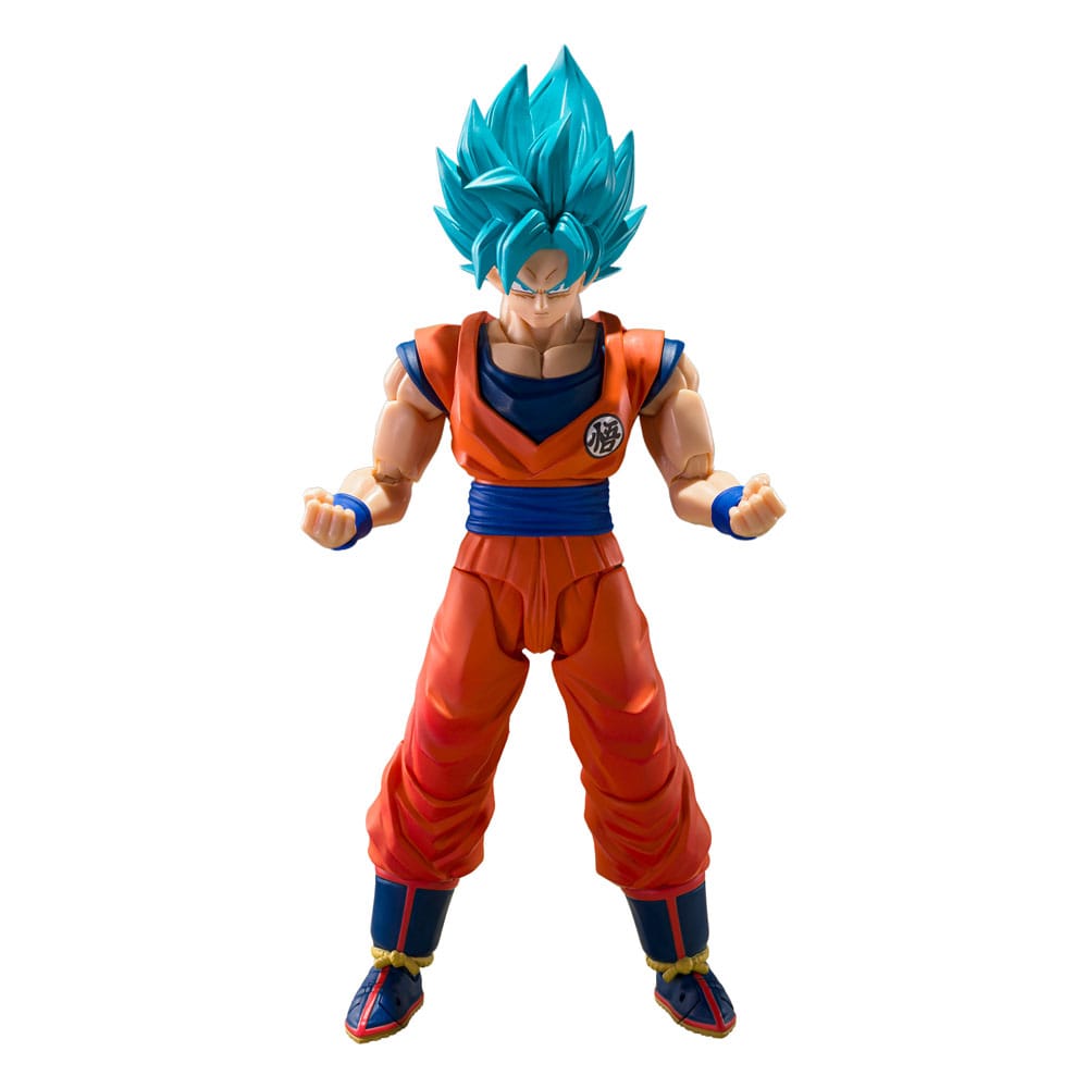 Dragon Ball Super S.H.Figuarts Super Saiyan God Super Saiyan Son Goku figure, blue hair, standing front view on white