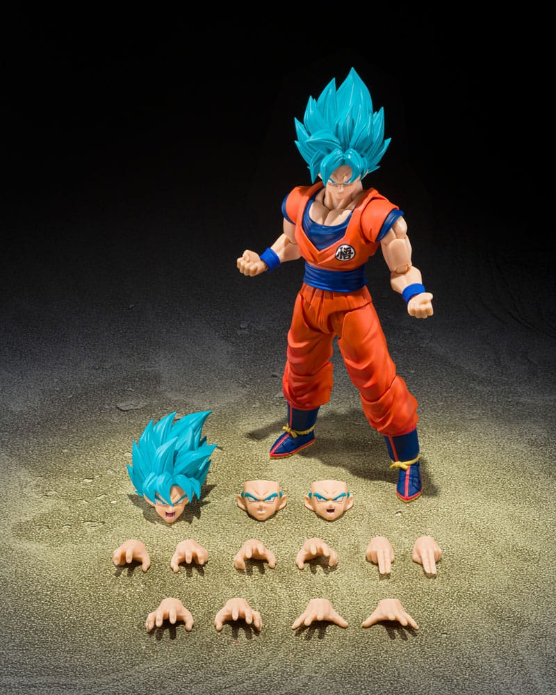 Dragon Ball Super S.H.Figuarts Super Saiyan God Super Saiyan Son Goku figure, with spare heads, faces and hands laid out