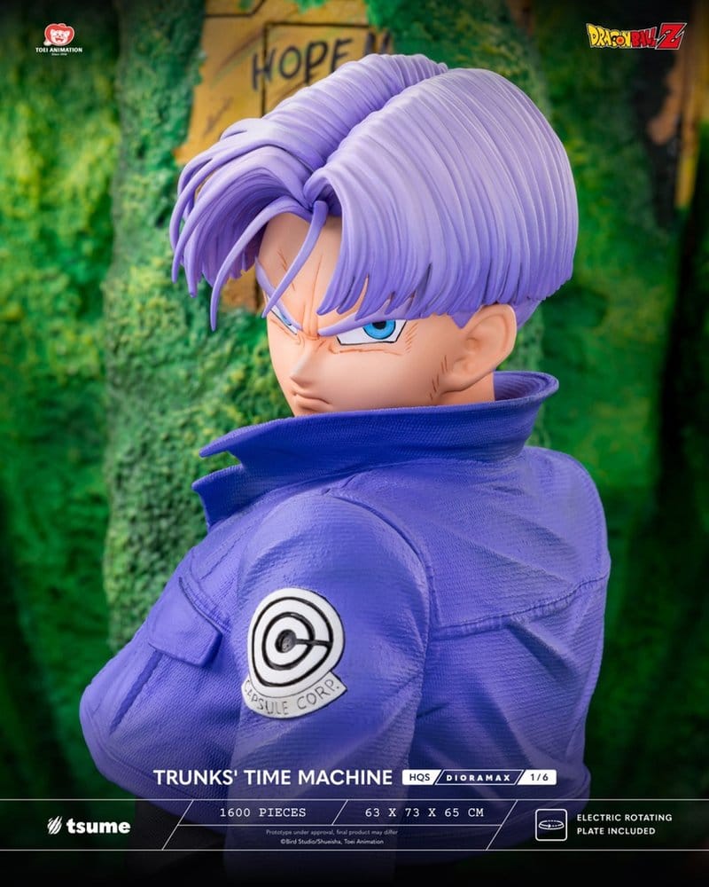 Tsume Dragon Ball Z HQS Dioramax 1/6 Trunks' Time Machine, close-up of Trunks' face and Capsule Corp jacket