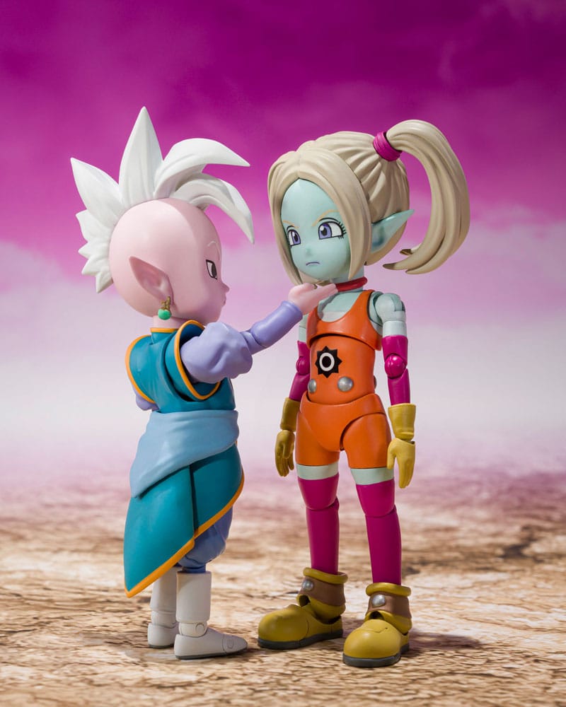 Dragonball Daima Supreme Kai Mini figure posed beside a pigtailed mini figure in orange