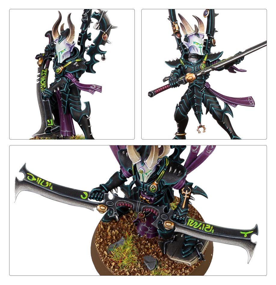 Close-ups of Drukhari Incubi helmets, crests and a klaive with glowing green runes