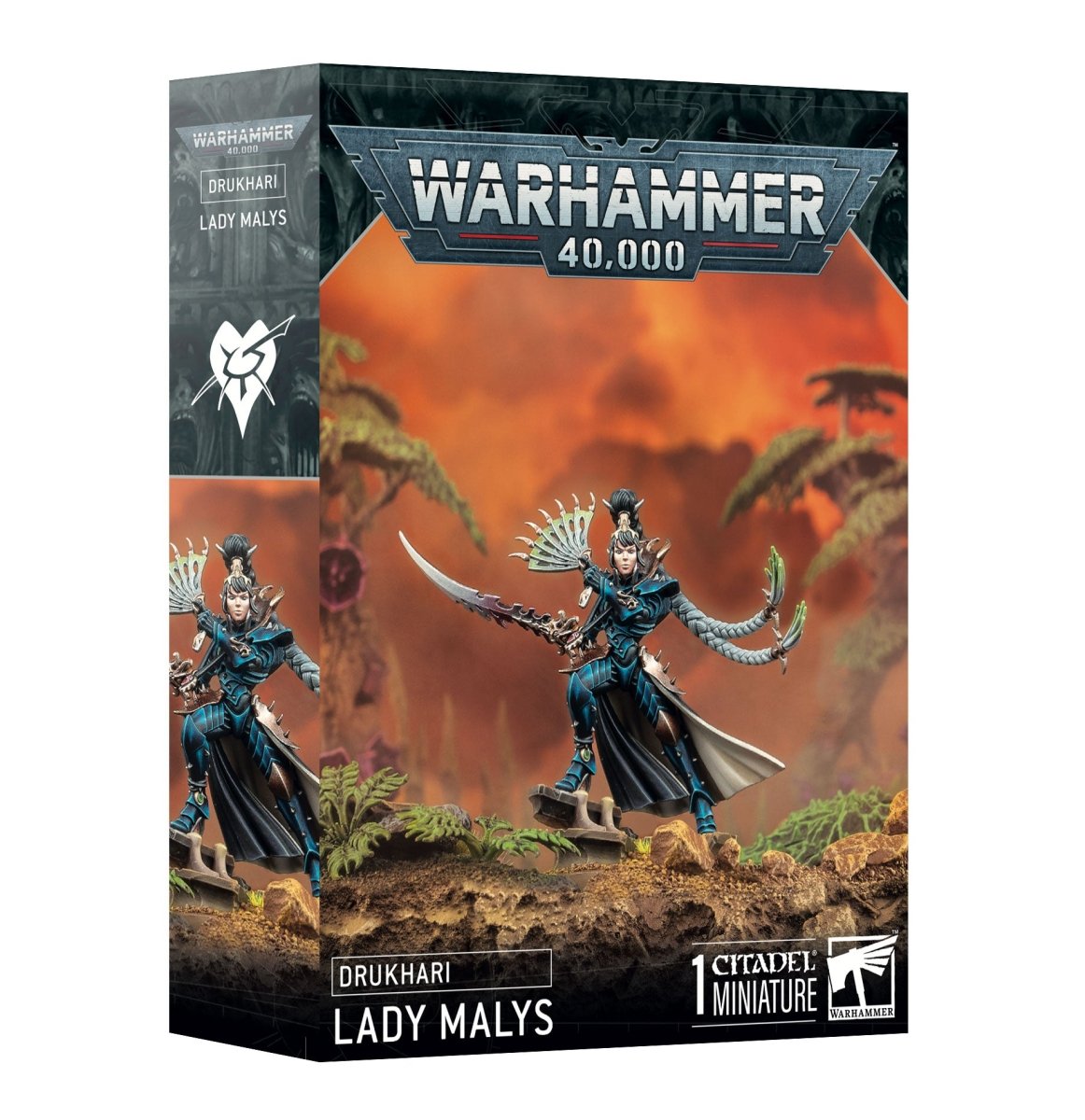 Warhammer 40,000 Drukhari Lady Malys box showing the painted model