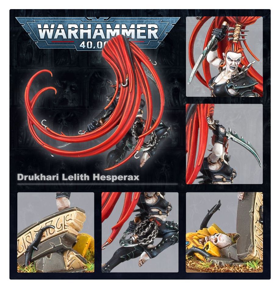 Painted Lelith Hesperax shown with close-ups of her face, blades and base details