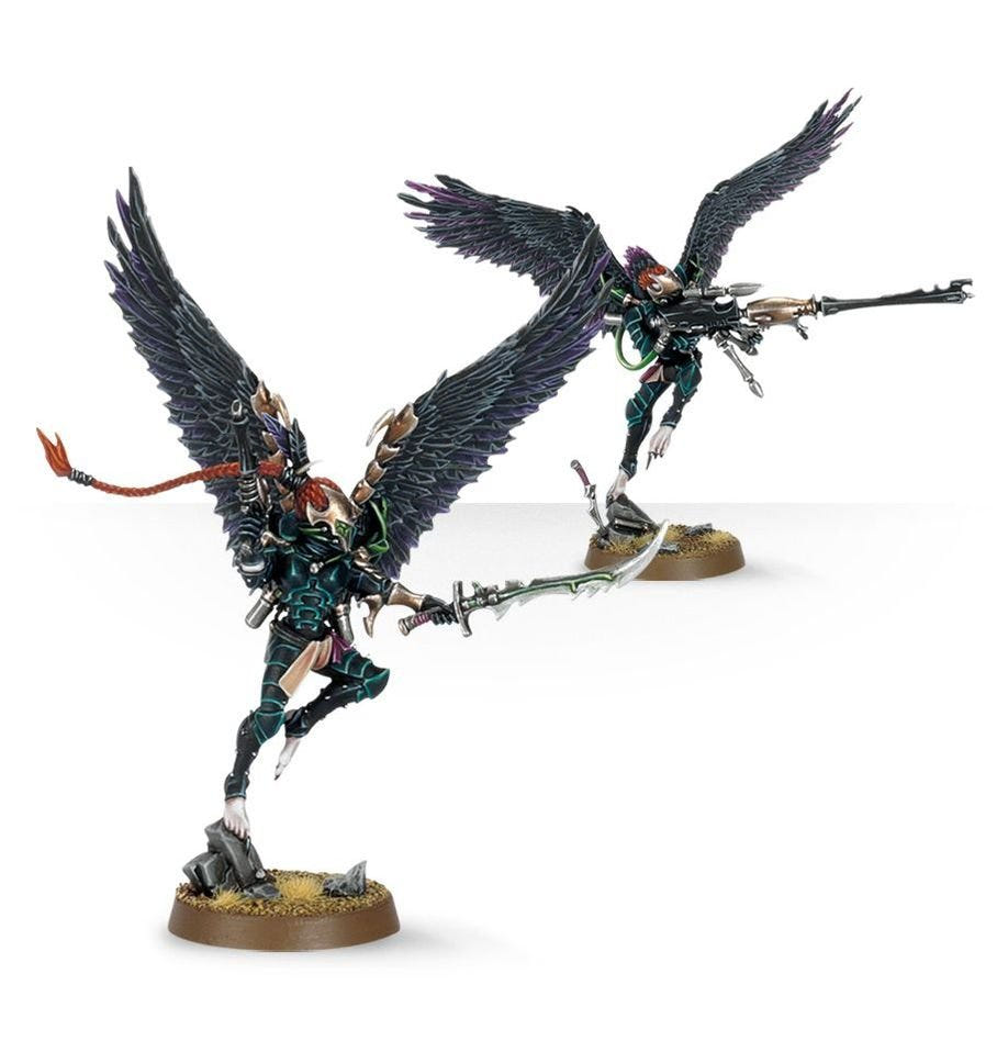 Painted Drukhari Scourges swooping with blade and heavy weapon