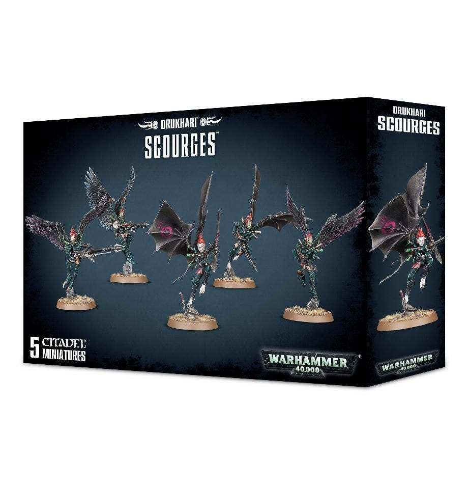 Older Drukhari Scourges box front showing five painted models