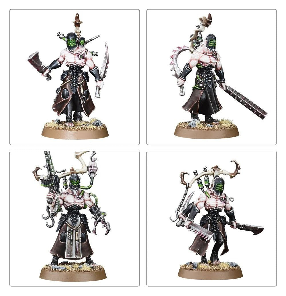 Four close-up views of painted Drukhari Wracks with masked faces and hooked weapons