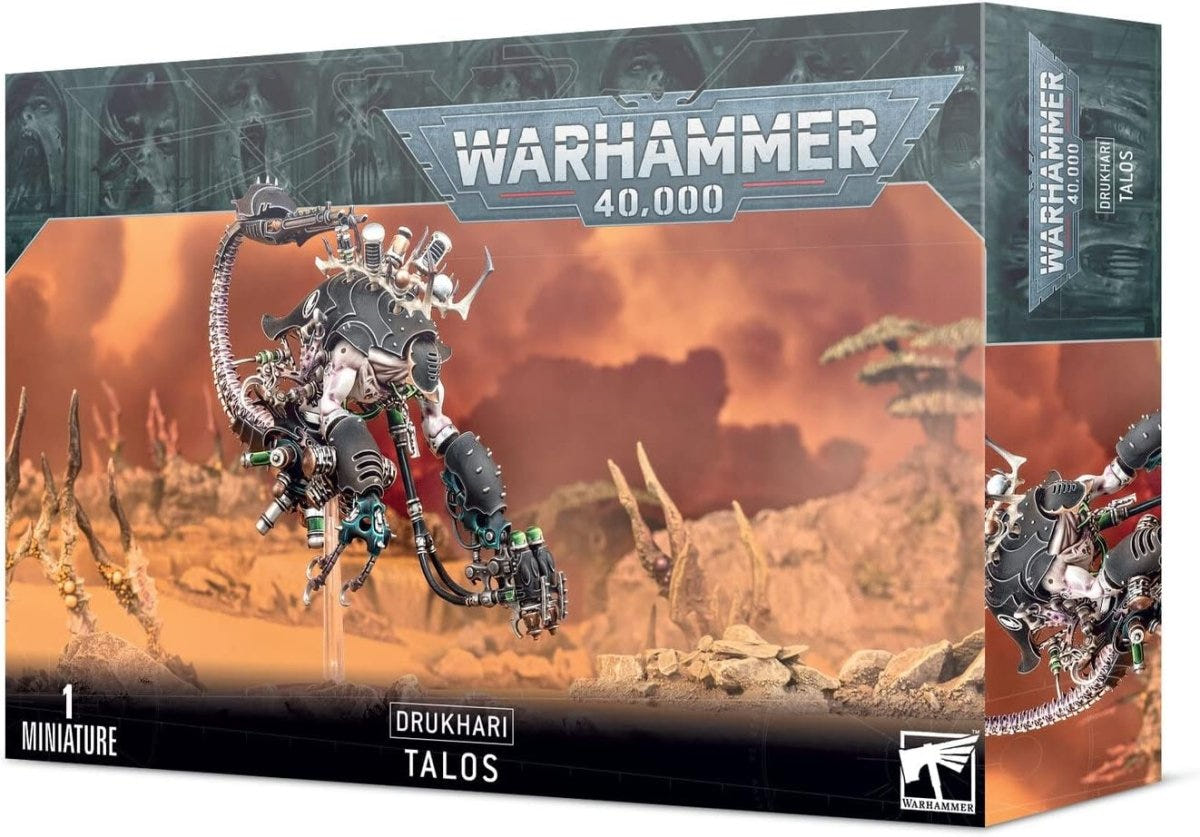 Games Workshop Warhammer 40,000 Drukhari Talos box front with the Pain Engine on a battlefield