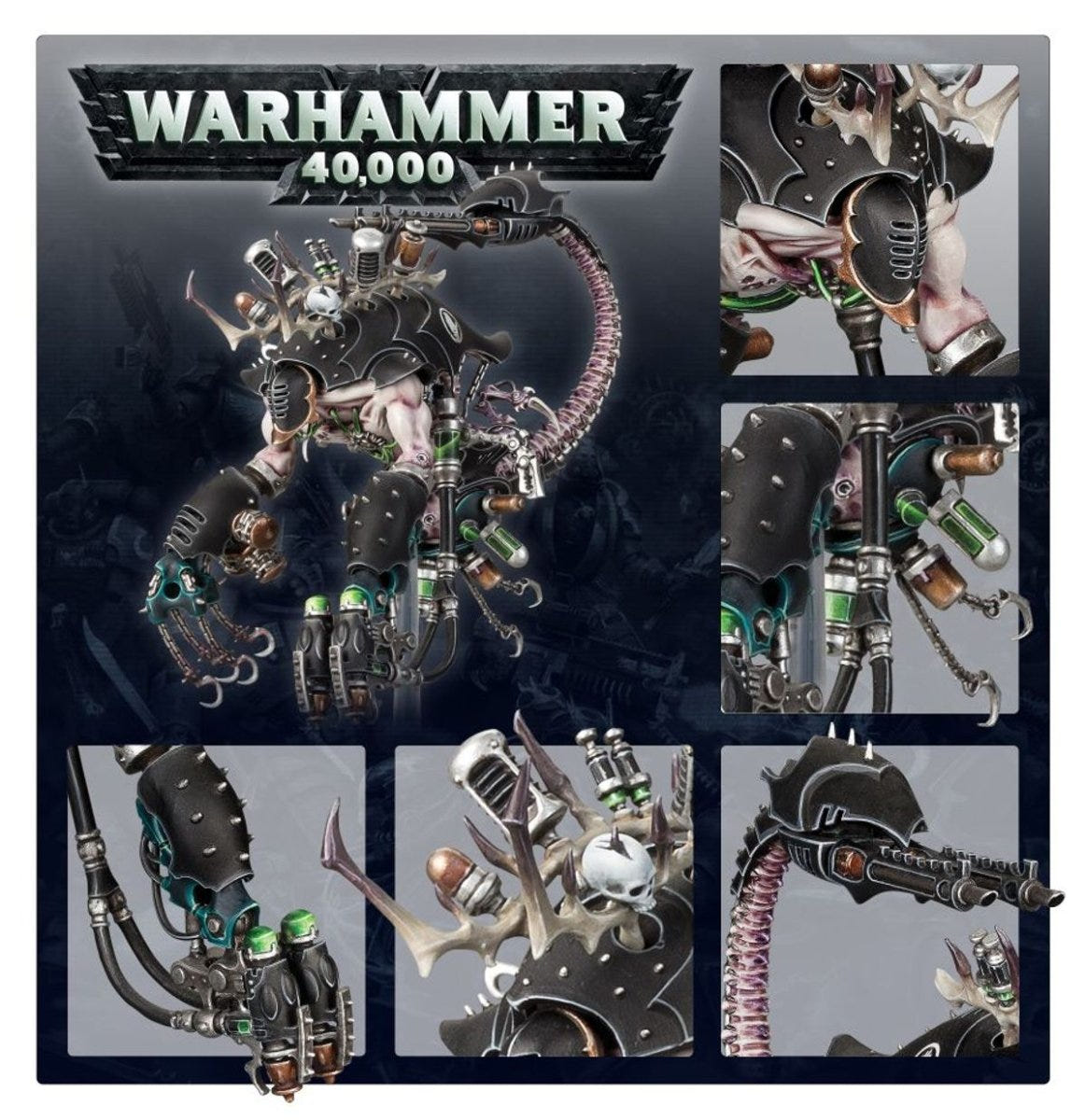 Games Workshop Drukhari Talos promo panel with close-ups of injectors, tail and weapon arms