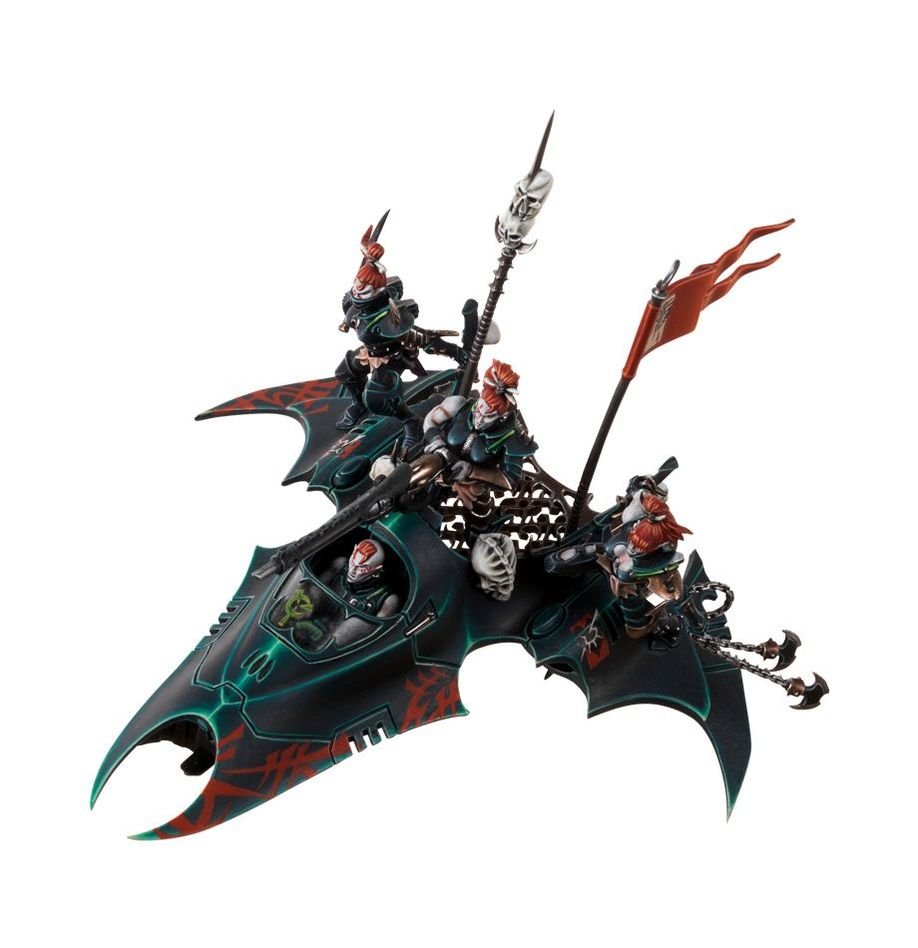 Painted Drukhari Venom viewed from above showing the crew, chainsnares and banner poles