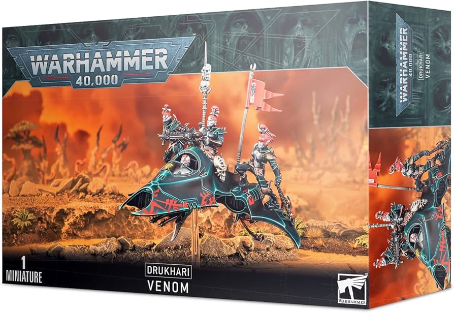 Warhammer 40,000 Drukhari Venom box front with the skimmer racing over a battlefield, Games Workshop
