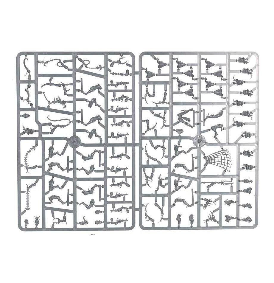 Drukhari Wyches unpainted plastic sprues side by side, frames 1 and 2
