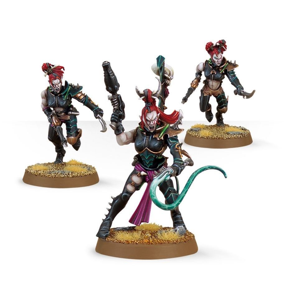 Group of painted Drukhari Wyches led by a Hekatrix with whip and splinter pistol