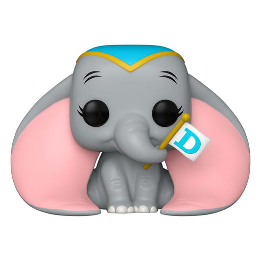 Funko Pop! Disney Dumbo vinyl figure sitting with big pink ears and a D flag in his trunk
