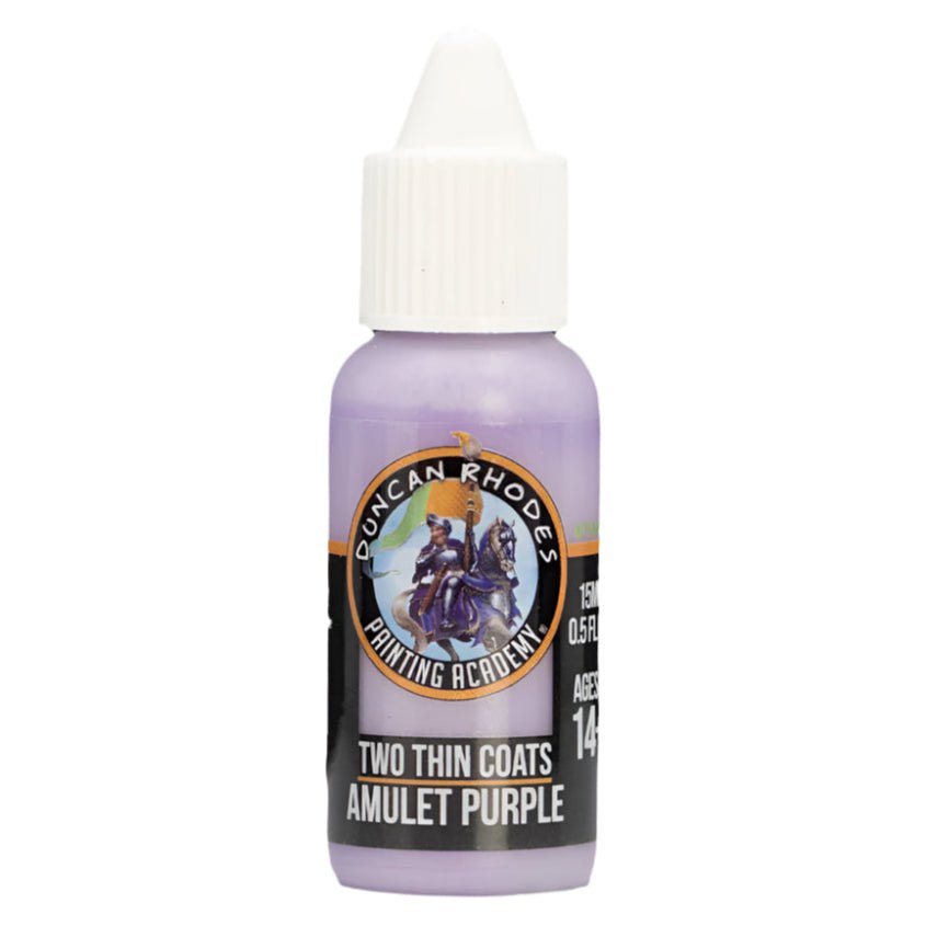 Duncan Rhodes Two Thin Coats Amulet Purple bright paint in a dropper bottle with lilac paint