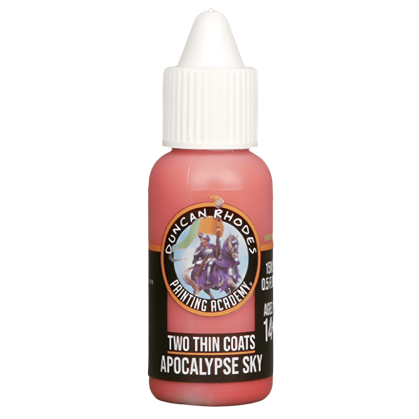 Duncan Rhodes Two Thin Coats Apocalypse Sky midtone paint in a dropper bottle with coral red paint