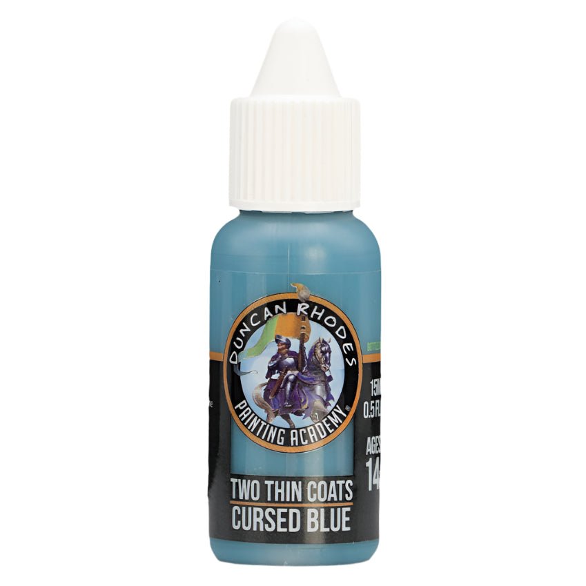 Duncan Rhodes Two Thin Coats Cursed Blue dropper bottle, a blue Midtone paint