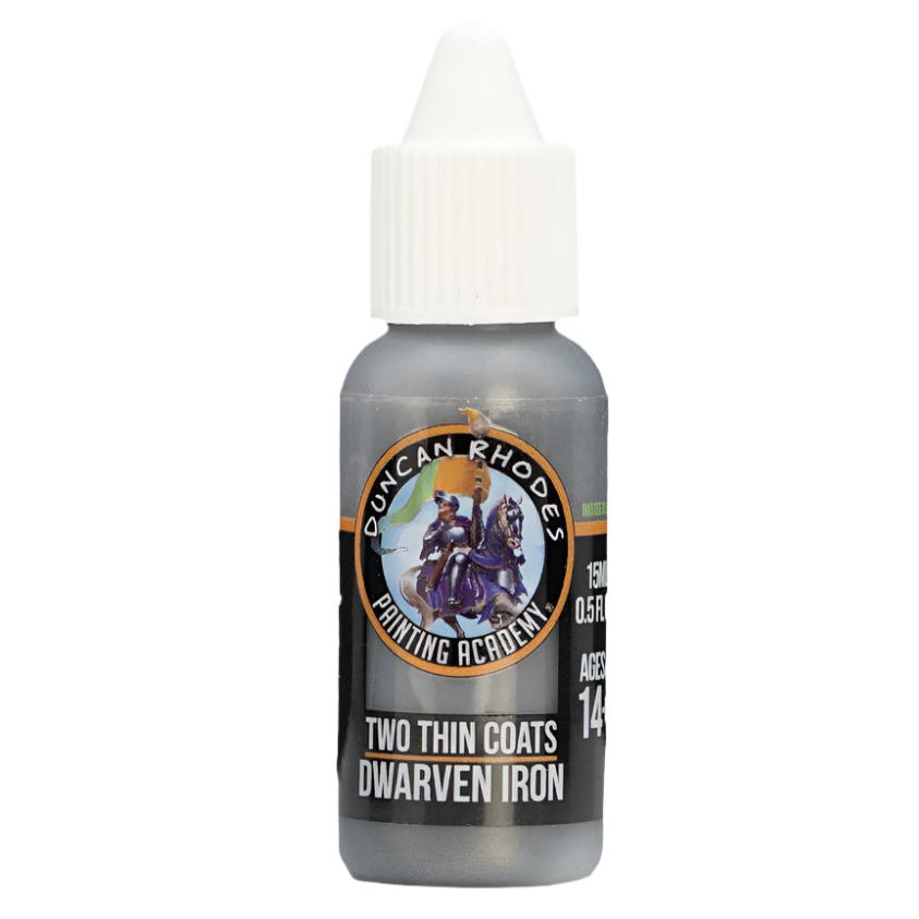Duncan Rhodes Two Thin Coats Dwarven Iron metallic paint in a dropper bottle, front label