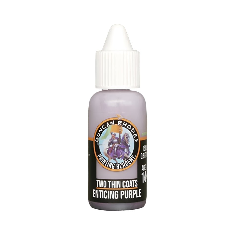 Duncan Rhodes Two Thin Coats Enticing Purple (Midtone) dropper bottle, filled with lilac paint