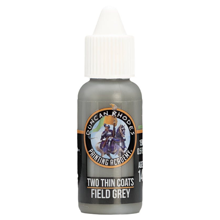 Duncan Rhodes Two Thin Coats Field Grey shadow paint in a dropper bottle with grey-green paint